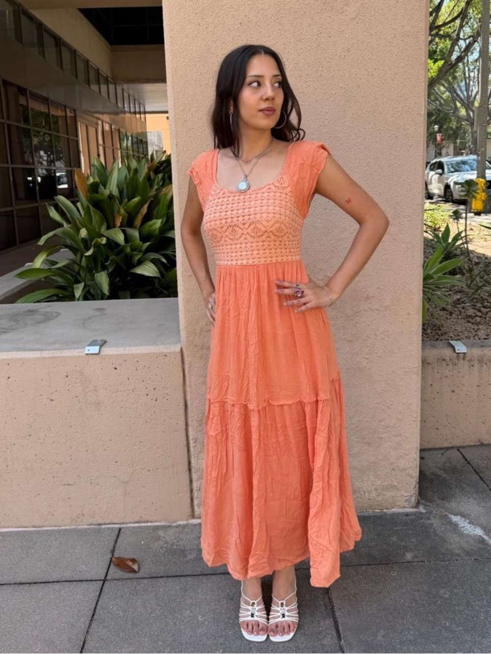 orange boho maxi dress with lace tiered detailing sz xs #festival #hippie #y2k